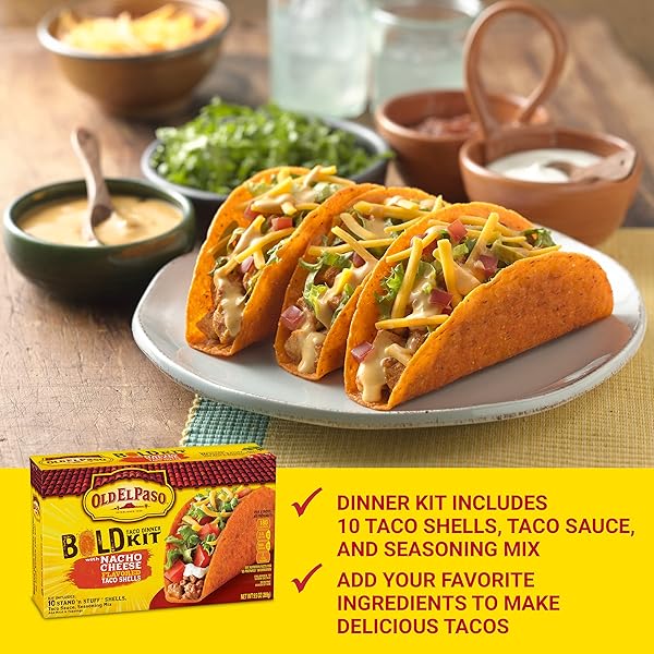 OLD EL PASO BOLD TACO DINNER KIT WITH NACHO CHEESE FLAVORED STAND ‘N STUFF TACO SHELLS, TACO SAUCE, AND SEASONING MIX, 10 CT, 9.5 OZ