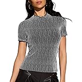 YYA Women's Turtle Neck Sparkly Tops Short Sleeve Shirt Slim Fit Shiny Blouse for Summer Casual & Night Out (S-XXL)