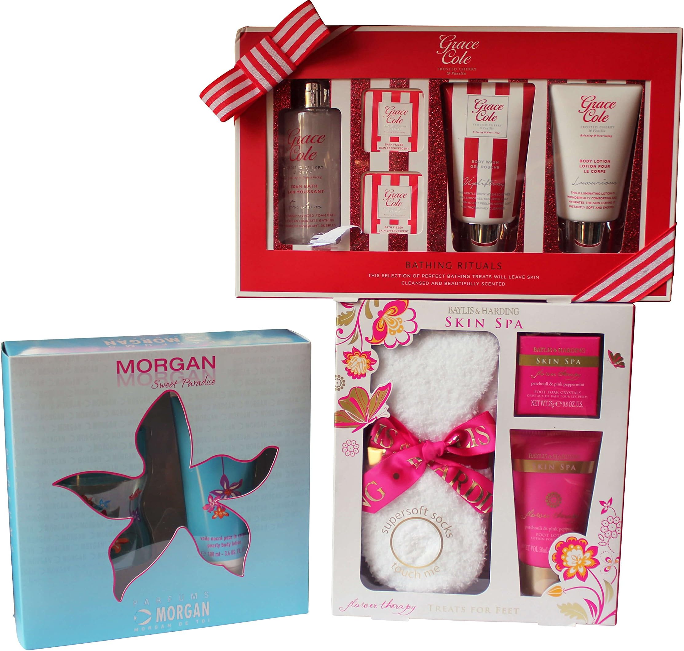 Morgan Sweet Paradise + Grace Cole Bathing Rituals + Baylis & Harding Skin Spa โ Bundle of 3 Gift Sets