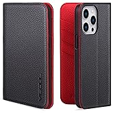 VISOUL Pebbled Genuine Leather Case for iPhone 14 Pro Max Wallet Case with Card Holder Kickstand Magnetic Flip Folio Cover Designed for iPhone 14 Pro Max (6.7")-Black+Red