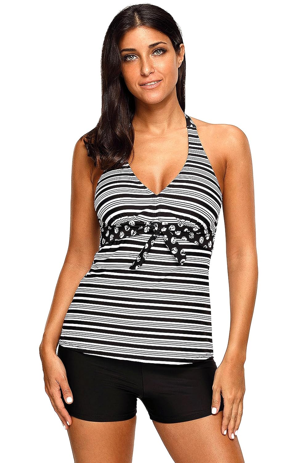 fasnoya monochrome striped halter tankini swimsuit - bik314