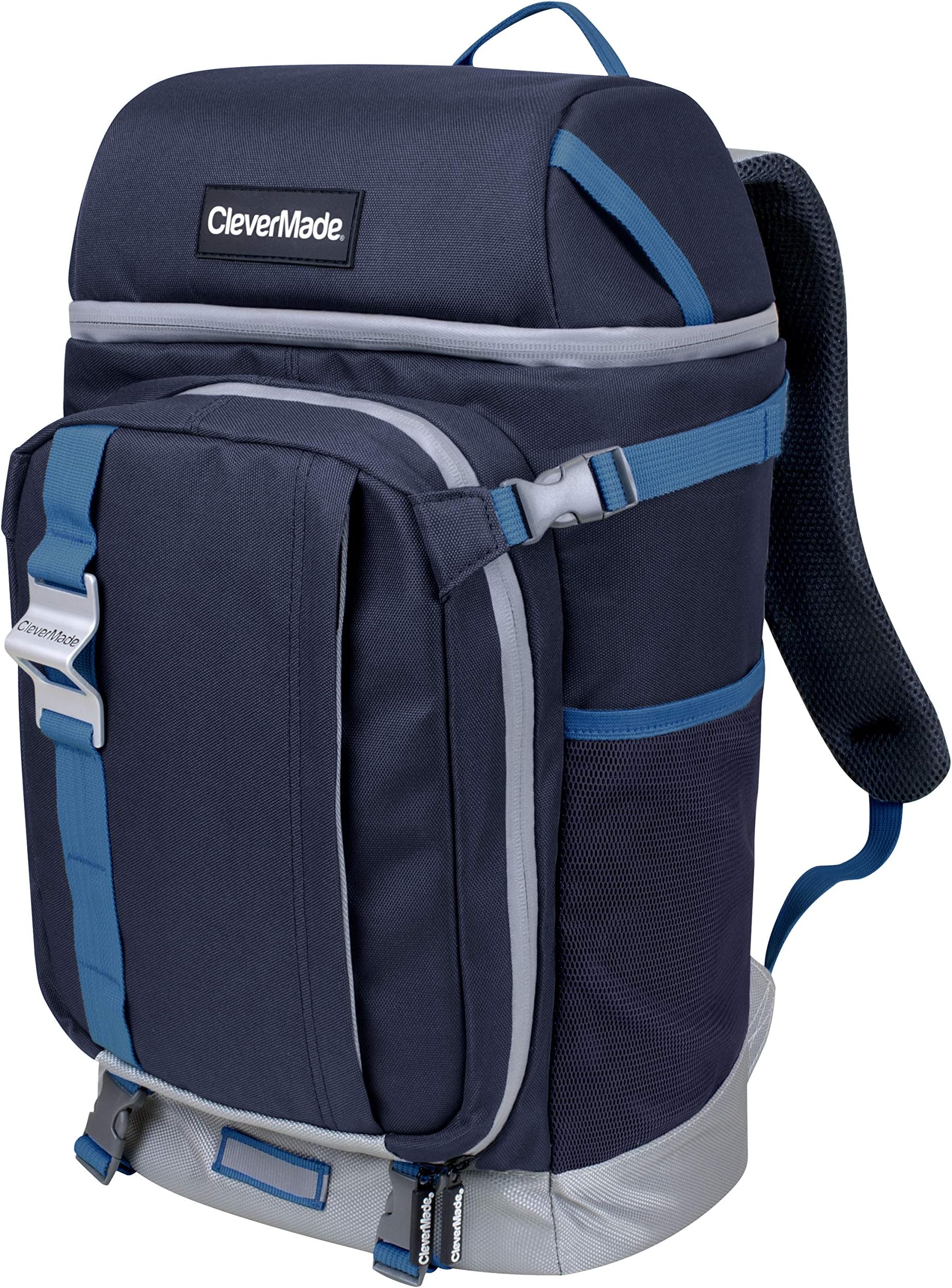 CleverMade Cardiff Backpack Cooler Bag - Insulated 24 Can Soft Leakproof Cooler with Bottle Opener, Dry Storage Compartments and Mesh Side Pockets, Navy