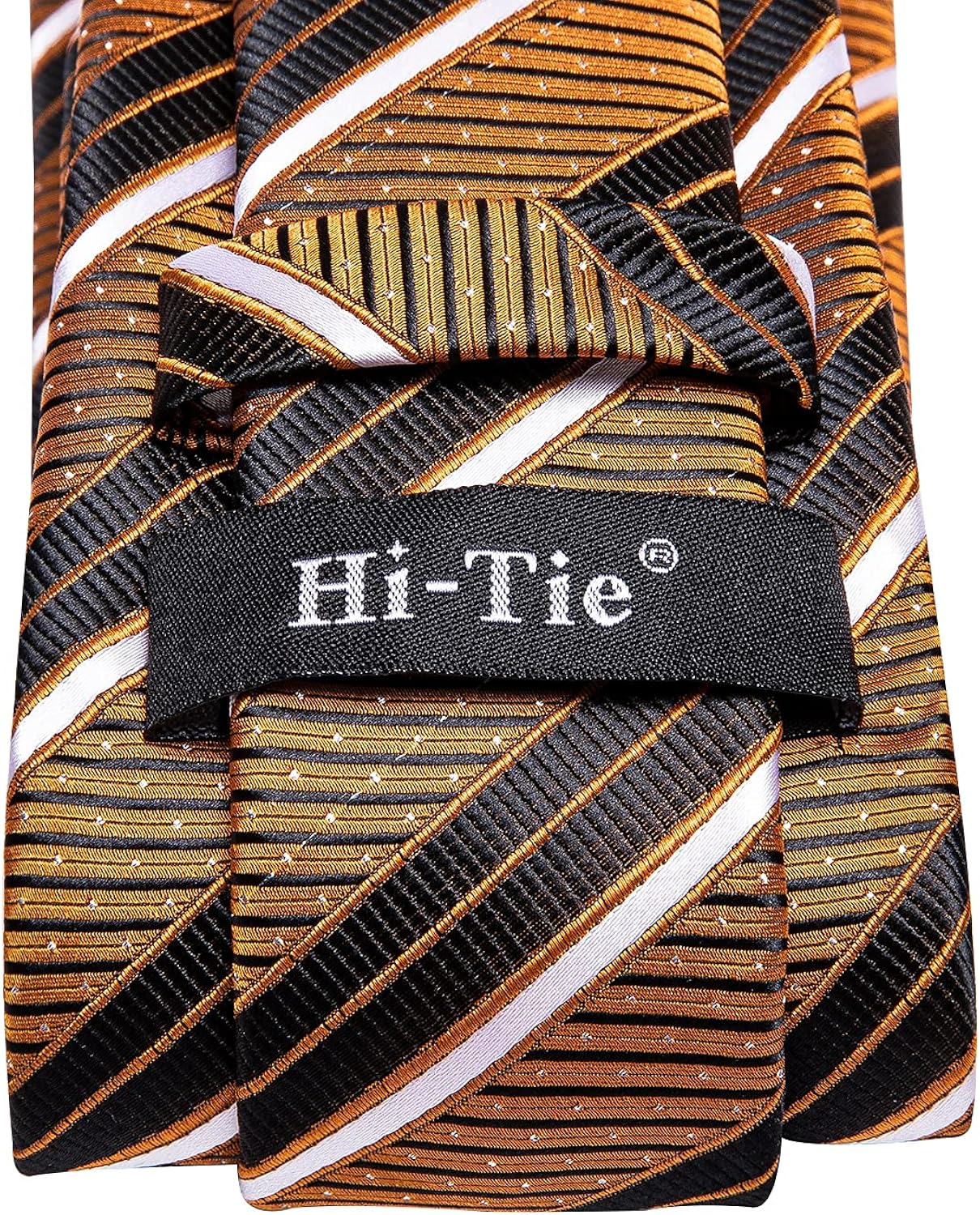 Hi-Tie Mens Gold and Black Ties Striped Woven Silk Classic Necktie with Pocket Square and Cufflinks Set Wedding Busienss: Clothing