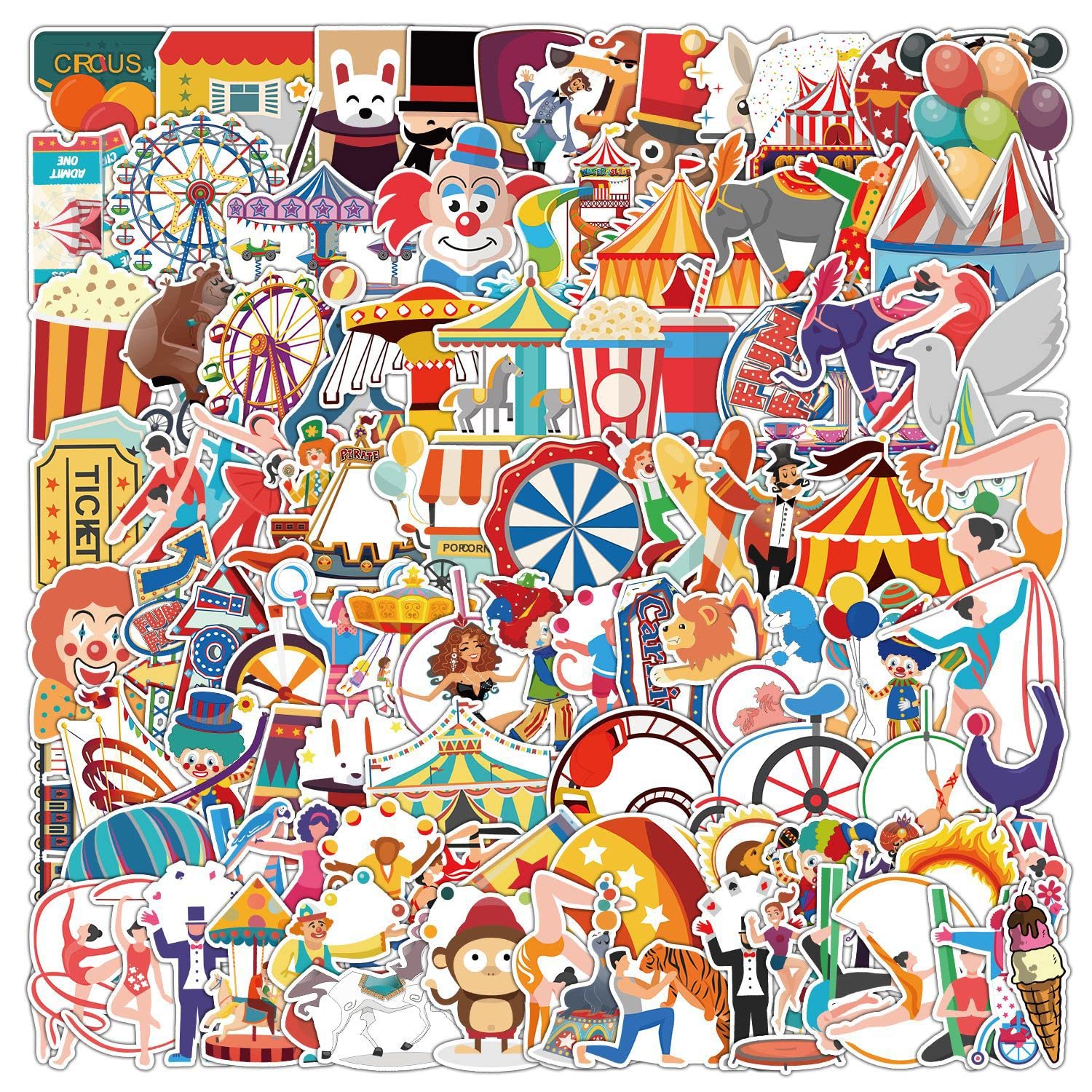 100Pcs Circus Stickers for Kids Teens Boys Girls Gift,Circus Troup Stickers Pack for Laptop,Skateboard Luggage Car Bike Cup Computer Water Bottle Decor,Aesthetic Vinyl Waterproof Sticker Decal