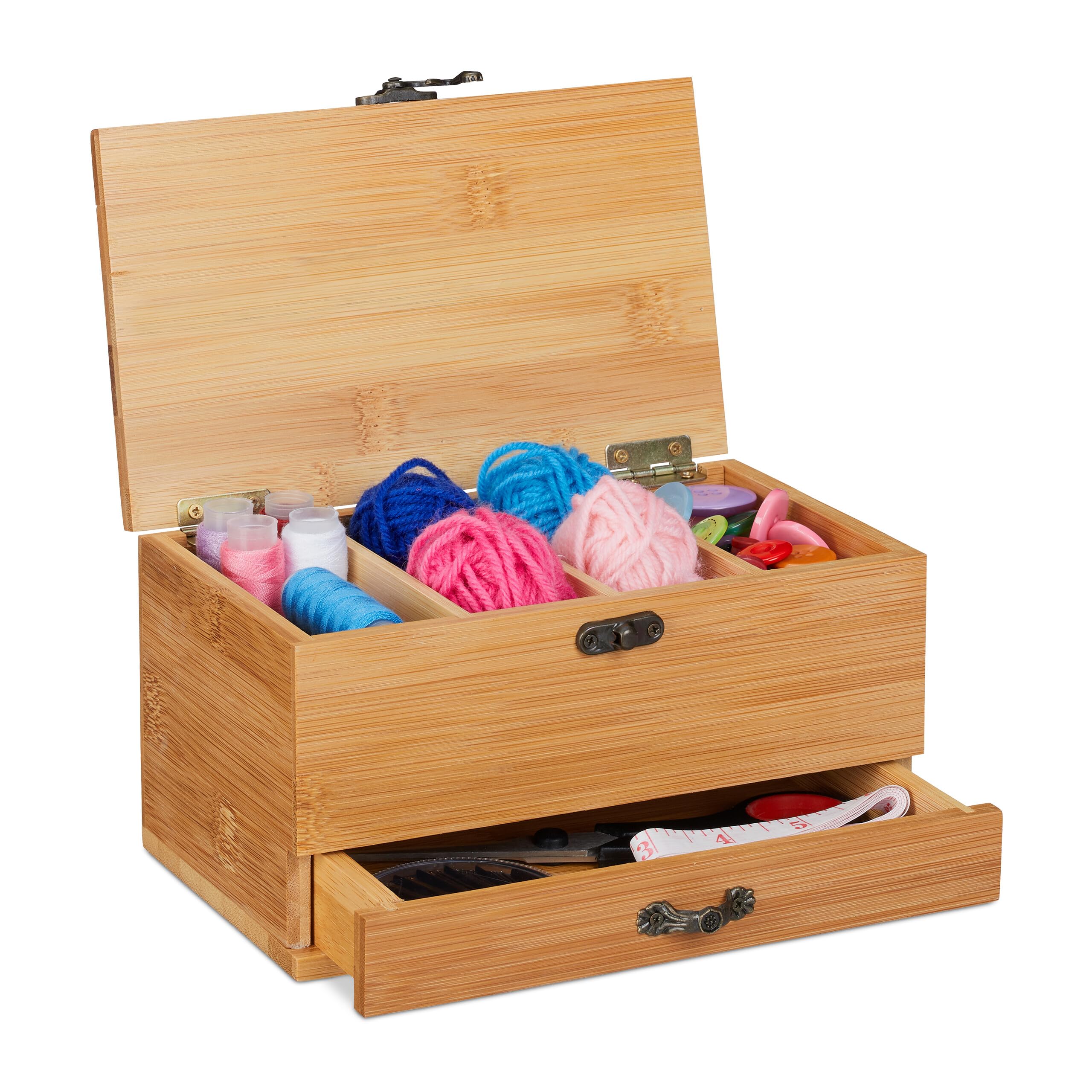 Relaxdays Bamboo Sewing Box, 4 Compartments & Drawer, Lidded, Antique Handle Look, Empty, Natural