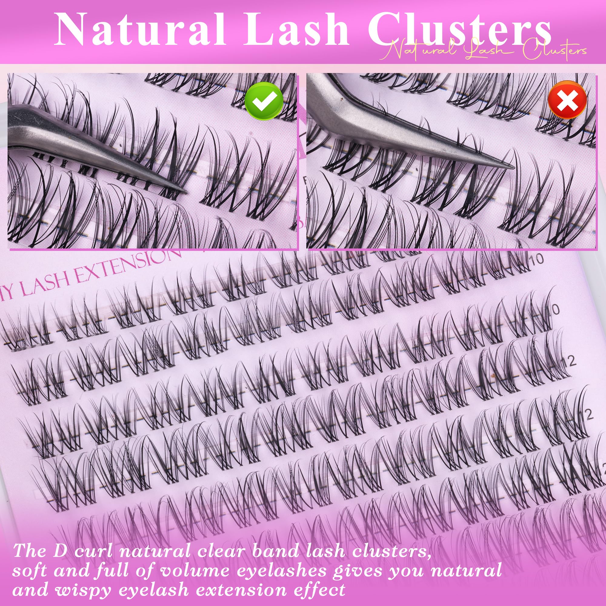 Wispy Lash Clusters Kit Venus Invisible Band Eyelash Clusters 8-16mm Lash Extension Kit Natural Lashes Clusters Eyelash Extension Kit with Thin Band Lash Cluster Clear Lash Glue and Tweezers by Wtvane