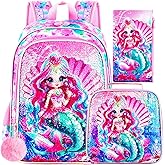 3PCS Girls Backpack, 16" Sequin Prechool Elementary Bookbag and Lunch Box