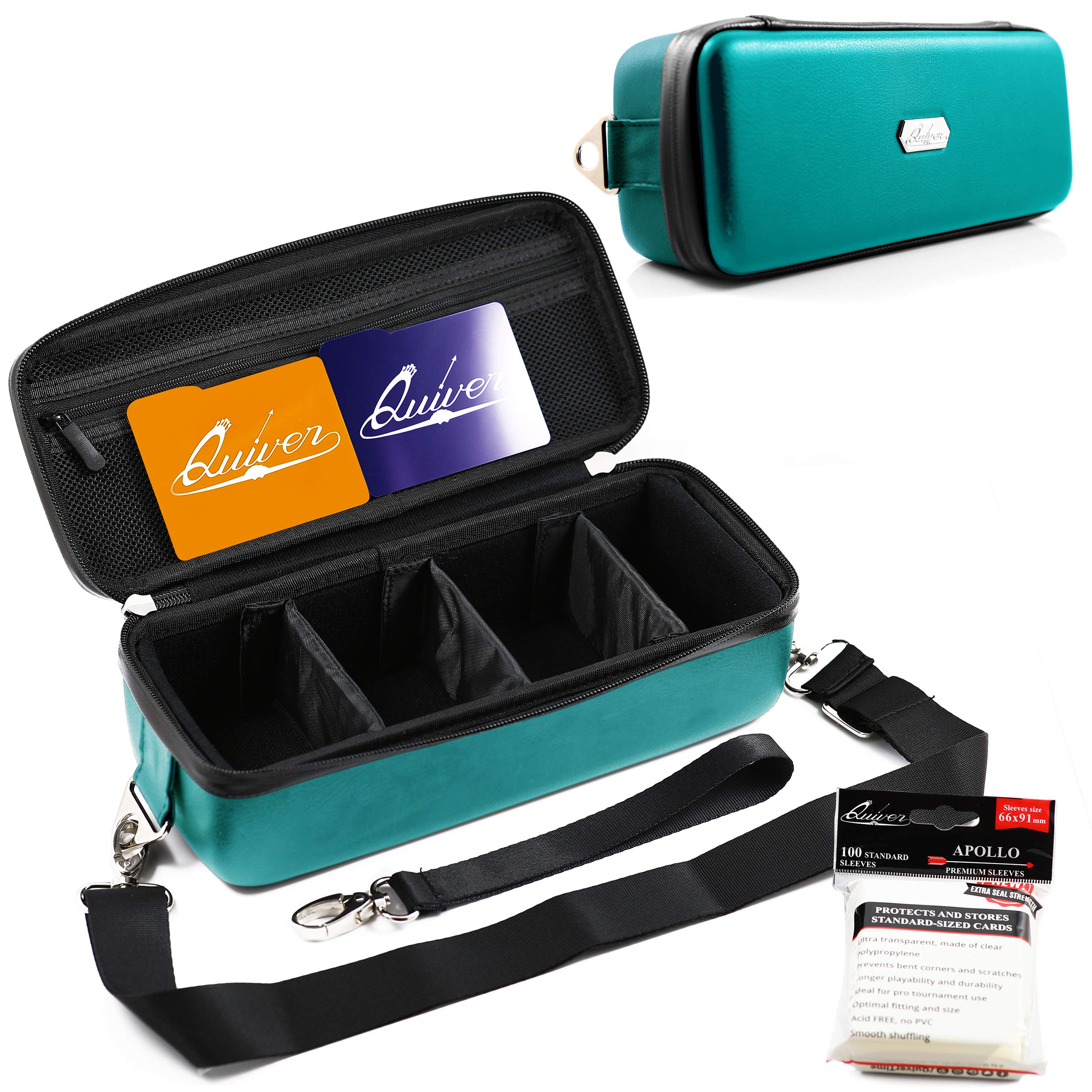 Quiver Time Teal Bolt Card Carrying Case fits PM Cards and other TCG Games - Storage Bag for Playing/Trading Cards and Deck Box (Straps, Dividers & 100 Apollo Card Sleeves)