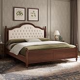 Jocisland Solid Wood King Size Bed Frame with Upholstered Headboard | 52.4" Tufted Headboard, Roman Column Accents, Vintage Bed Frame, Wood Slat Support, No Box Spring Needed, Walnut