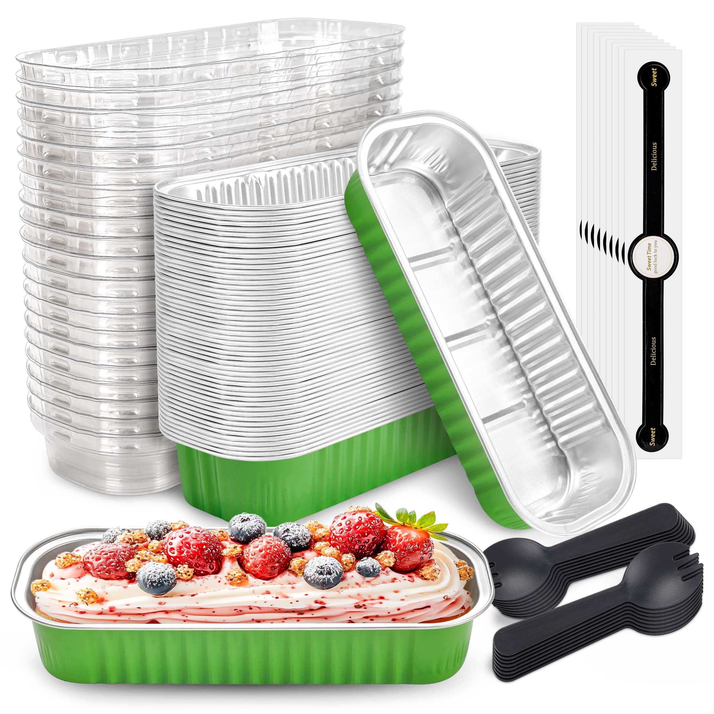 Photo 1 of NPLUX 50 PACK Mini Cake Pans with Lids and Spoons, Rectangular Aluminum Foil Bread Pan, Mini Loaf Pans and Food Containers with Lids(Grass Green, 6.8oz)
