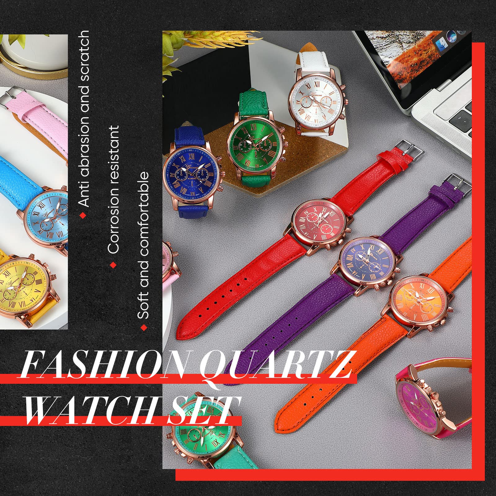 Yinkin 14 Pcs Assorted Platinum Watch Unisex Quartz Watch Sets for Women Men Ladies Watches Roman Numerals PU Leather Women's Wrist Watches