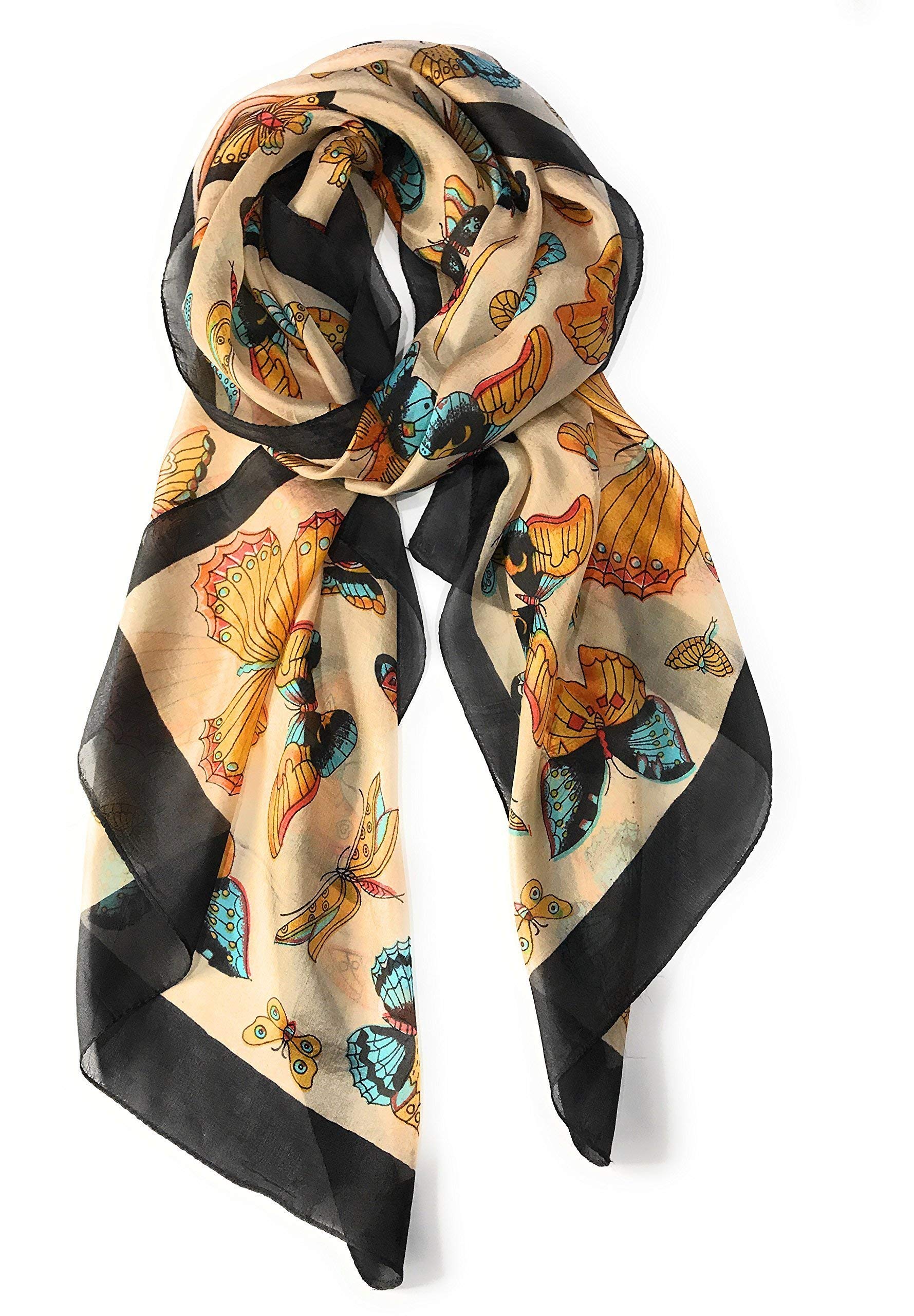 Z&HTrends Womens Genuine Silk Scarf (Small, Black/Earth Butterflies) Z&HTrends Womens Genuine Silk Scarf (Small, Black/Earth Butterflies)
