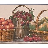 Fruit and Berry Baskets on Kitchen Table Beige Wallpaper Border Retro Design, Roll 15' x 9''