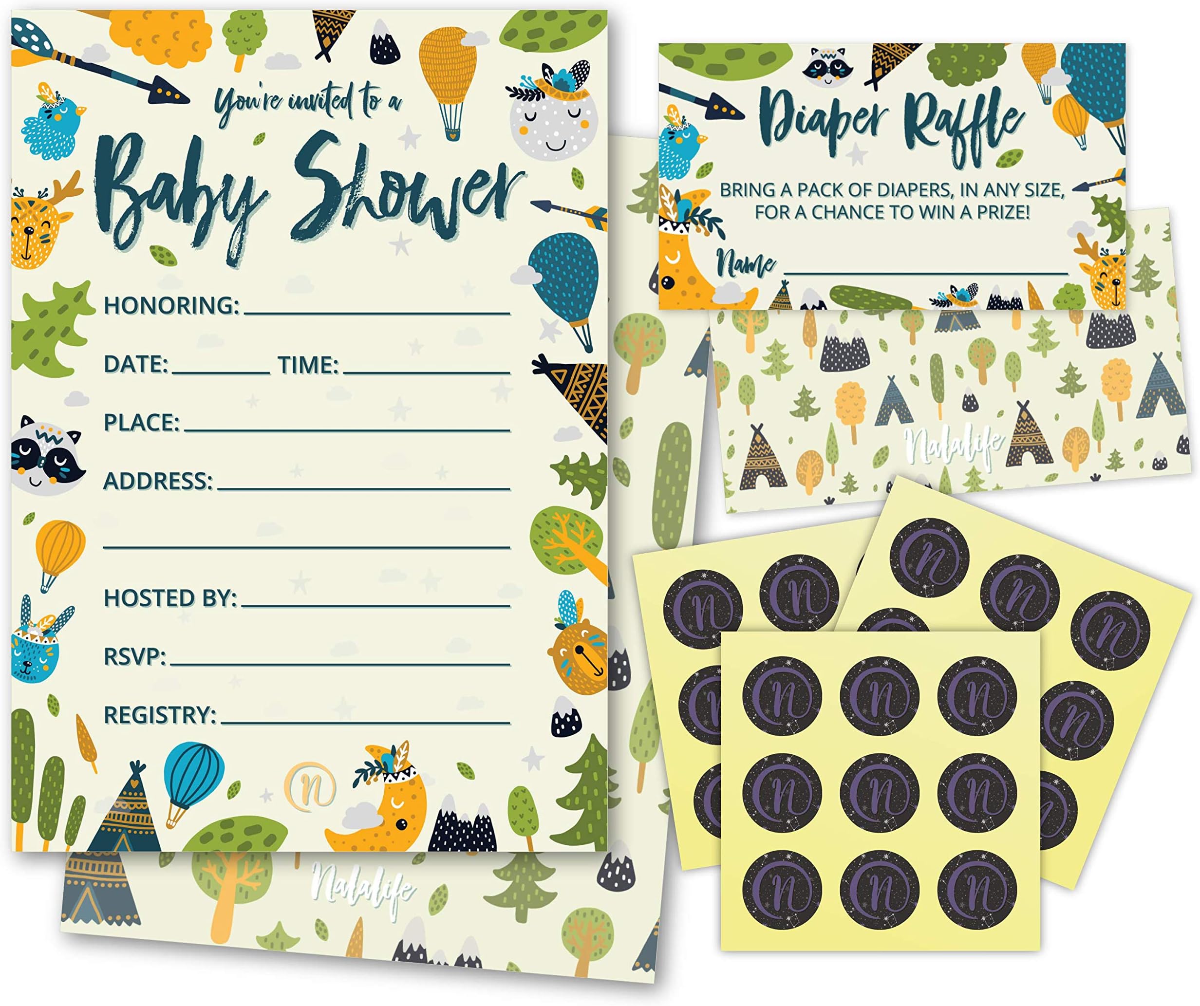 Baby Shower Animals Invitations with Kraft Rustic Envelopes and Sticker - 25pc Set - by Nalalife
