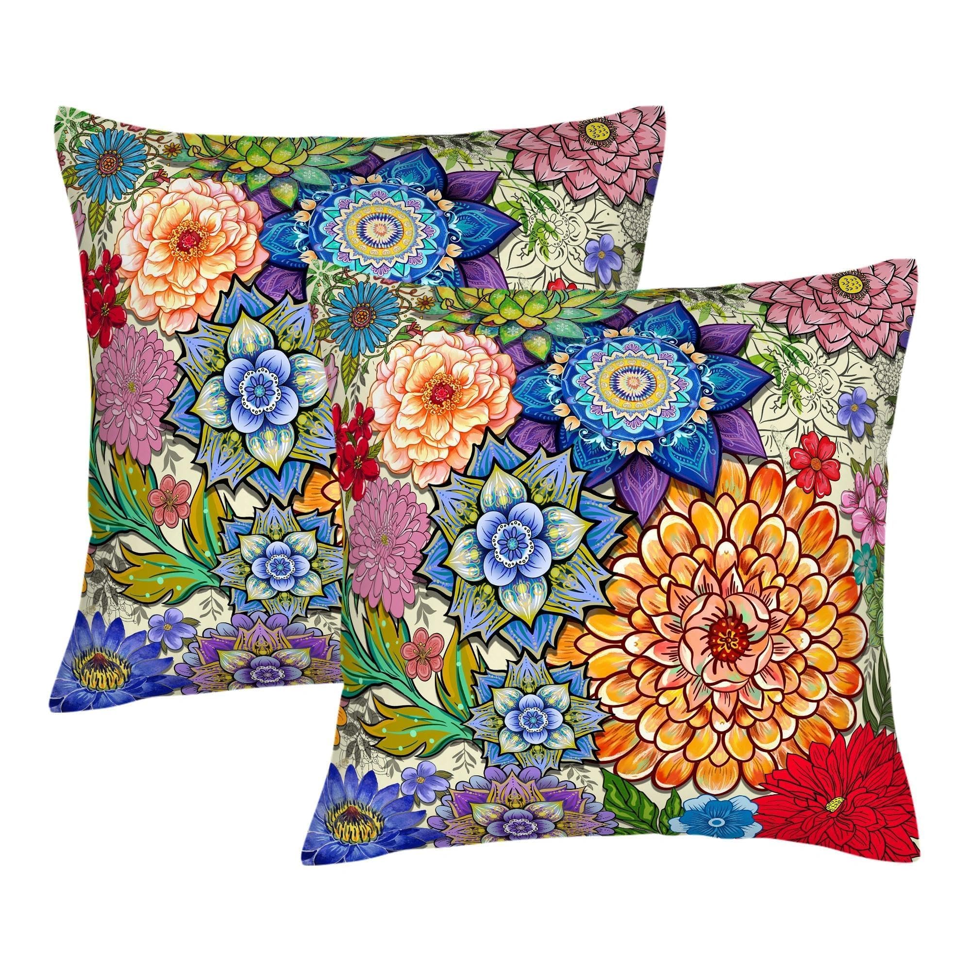 Photo 1 of ***zipper broken*** Colorful Boho Mandala Floral Throw Pillow Covers 18x18 Set of 2, Spring Easter Bohemian Decorative Pillowcases, Multicolor Flower Cushion Covers for Couch Sofa Bedroom Living Room Farmhouse Home Decor