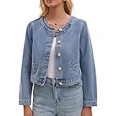 CIMUK Women's Collarless Denim Jacket Long Sleeve 2026 Button Down Jean Jackets