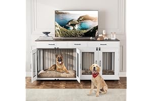IDEALHOUSE 71'' Double Dog Crate Furniture, Large Dog Kennel Indoor with 3 Storage Drawers and Removable Divider for 2 Dogs, Heavy Duty Decorative Dog House TV Stand Side Table for Medium Large Dogs, White