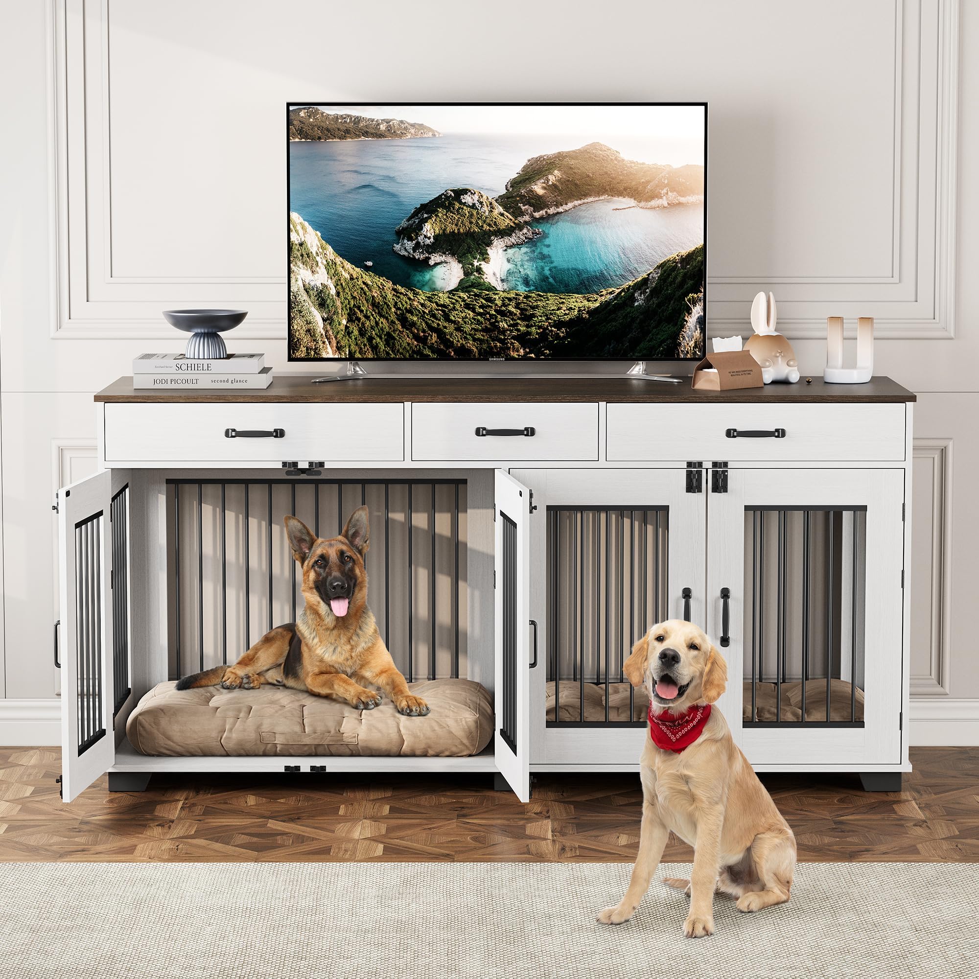 Photo 1 of 71'' Double Dog Crate Furniture, Large Dog Kennel Indoor with 3 Storage Drawers and Removable Divider for 2 Dogs, Heavy Duty Decorative Dog House TV Stand Side Table for Medium Large Dogs, White