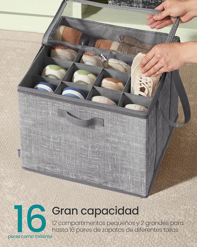 Organizador de Zapatos, para hasta 16 Pares, Caja para Guardar Zapatos, Asas, Tapa Transparente, para Armario Entrada Dormitorio, Gris Espadaña LSP601G01