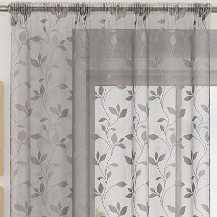 Ideal Textiles Evie Lace Slot Top Voile Curtain Panel Leaf Design