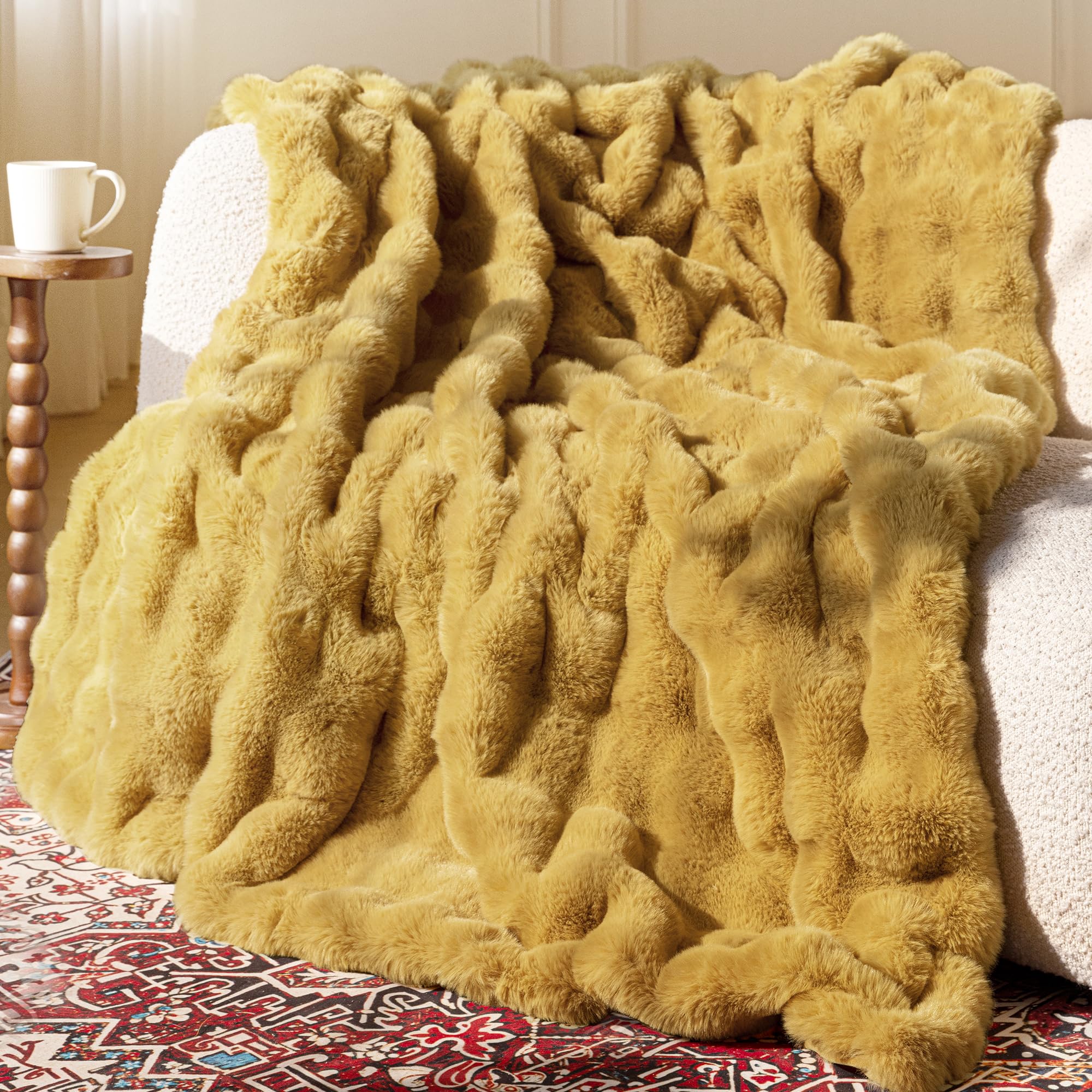 Photo 1 of Ultra Soft Cozy Faux Fur Throw Blanket, Fuzzy Plush Thick Bubble Blanket, Oversize Luxury Fluffy Blanket for Couch, Sofa, Bedroom, and Living Room,50x60 Inches, Dark Yellow