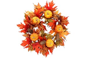 COLMOXY 20 Inch Fall Wreaths for Front Door, Fall Decor Autumn Maple Leaves Pumpkin Pine Cone Wreath, Fall Decorations for Harvest Thanksgiving Halloween Farmhouse Home Outside Window Wall