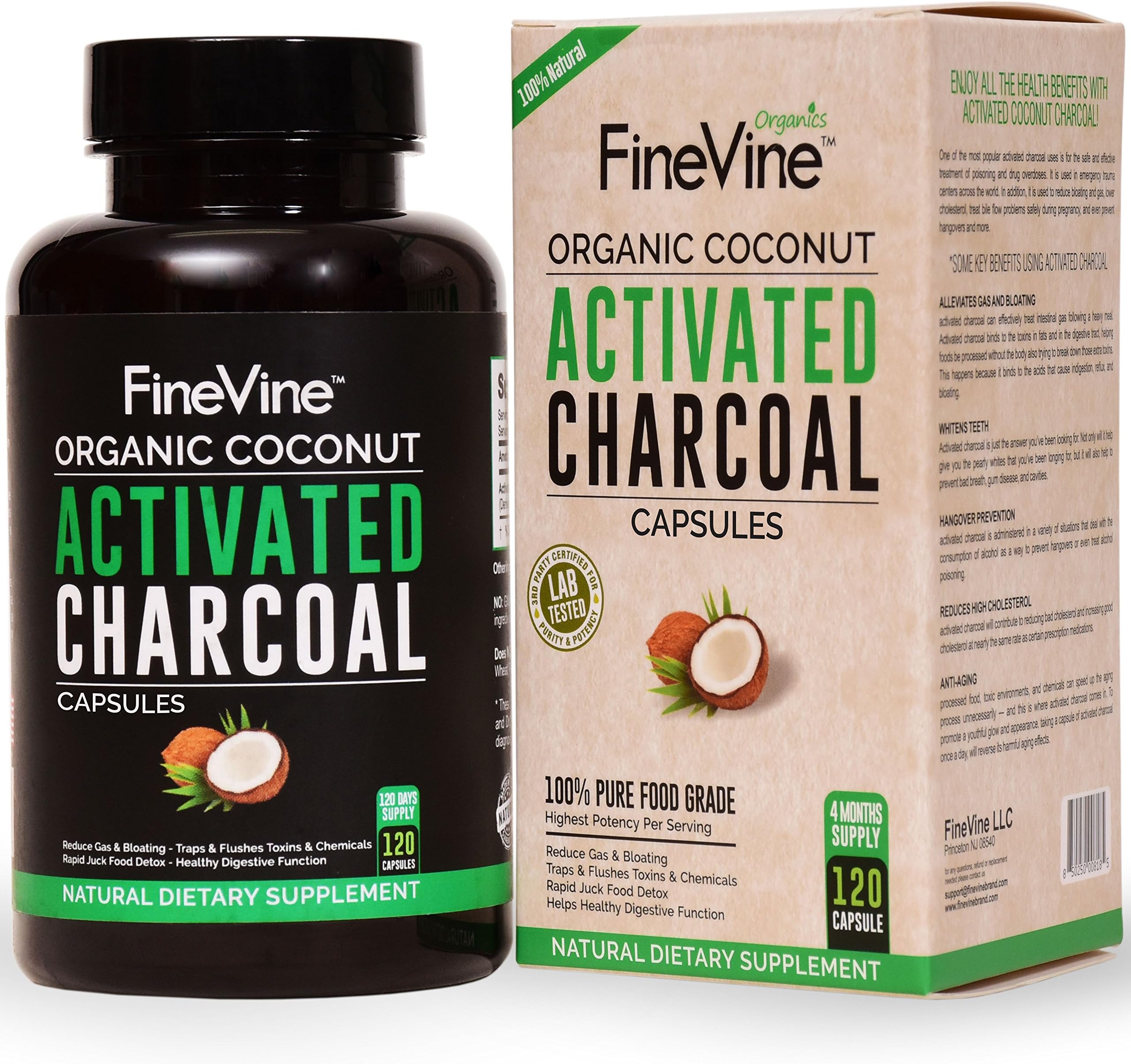 100% Pure Charcoal Capsules - Made in USA - for Detox, Teeth Whitening, Gas Relief and Bloating - 120 Vegetarian Capsules Derived from Activated Coconut Charcoal.