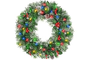 Hykolity 24 in Prelit Artificial Christmas Wreath Wintry Pine with 50 Multi Color LED Lights, 164 PVC Branch Tips, Adorned with Pinecones & Red Berries, Battery Operated