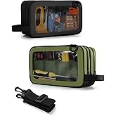 Marscamd 2 Pack Tool Pouch with Dual Compartments, 12” Tool Bag with Detachable Shoulder Strap, Carry Handle and Translucent Window, Black/Green