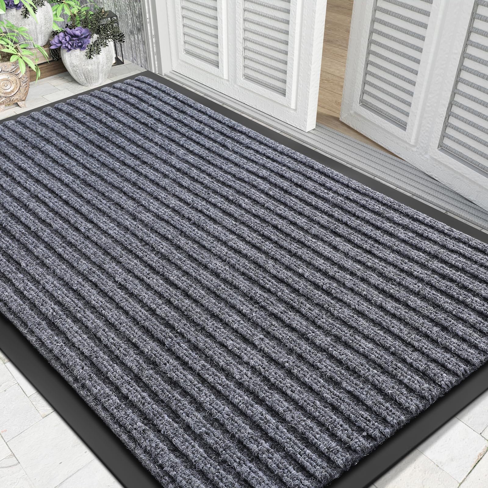 Yimobra Front Door Mat Outdoor Indoor Entrance, 100% Waterproof All-Season All Weather Doormat, Welcome Matt Outside Entry, Non Slip, Low Profile, Heavy Duty Patio Porch Floor Mats,47 x 32,Gray White Image