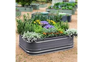 Vego garden 17" Tall 6 in 1 Novel Modular Raised Garden Bed Kit Metal Planter Box with 2 in 1 Wrench & Magnetic Plant Tags for Vegetables Flowers Fruits, Modern Gray