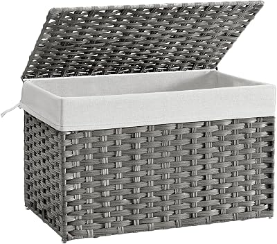 Cesto de Ropa Sucia, Cesta de Ratán Sintético 105 L con Tapa y Asas, Mimbre, Plegable, Forros Extraíbles, para Mantas, Ropa, Dormitorio, Baño, Lavandería, Gris Paloma RST066G01