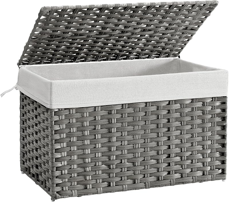 Cesto de Ropa Sucia, Cesta de Ratán Sintético 105 L con Tapa y Asas, Mimbre, Plegable, Forros Extraíbles, para Mantas, Ropa, Dormitorio, Baño, Lavandería, Gris Paloma RST066G01