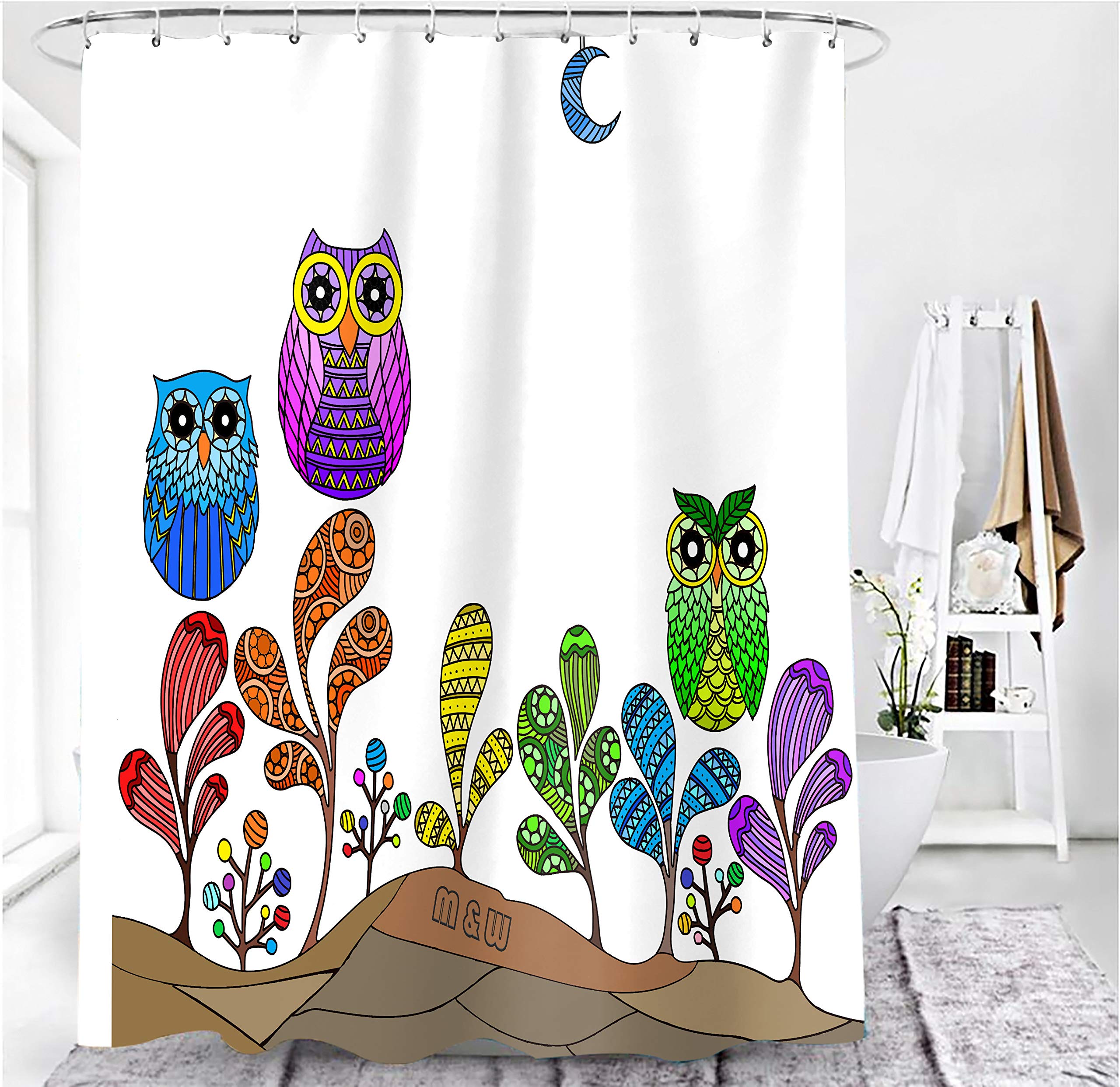 M&W DasDesign Shower Curtain Colourful Owl Colourful Flowers Plants Bathroom Textile Curtain with AntiMould Effect Cactus Moon Washable Shower Curtain Including 12 CRings with Bottom Weight 180 x