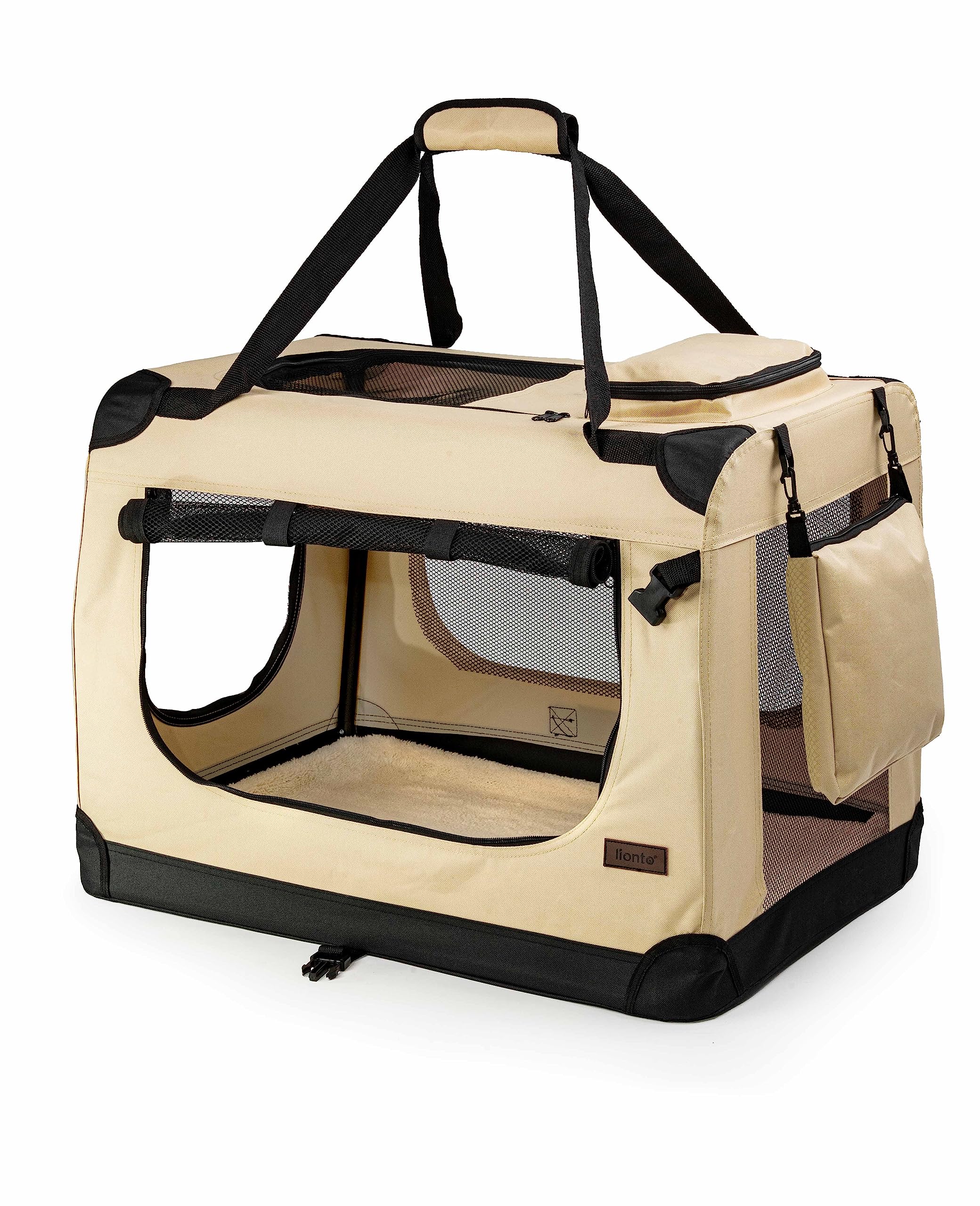 lionto Dog transport box foldable for travel & car, 60x42x44 cm, sturdy transport box with carrying handles & blanket for cats & dogs up to 12 kg, sturdy fabric dog box for small & large, beige