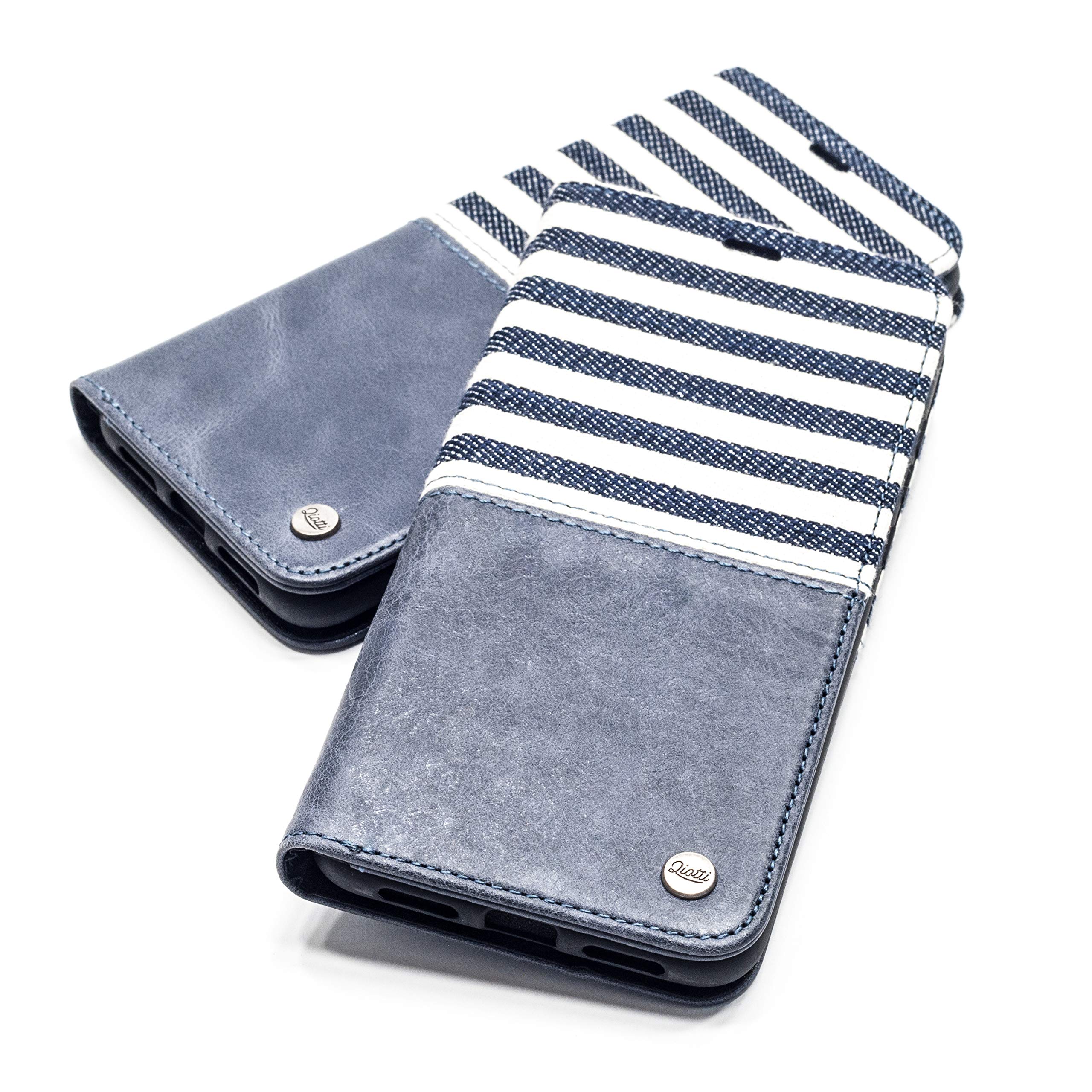 QIOTTI Genuine Leather Case compatible with Galaxy S9 Wallet Flip Kickstand Card Holder and RFID NFC protection (Line Blue)