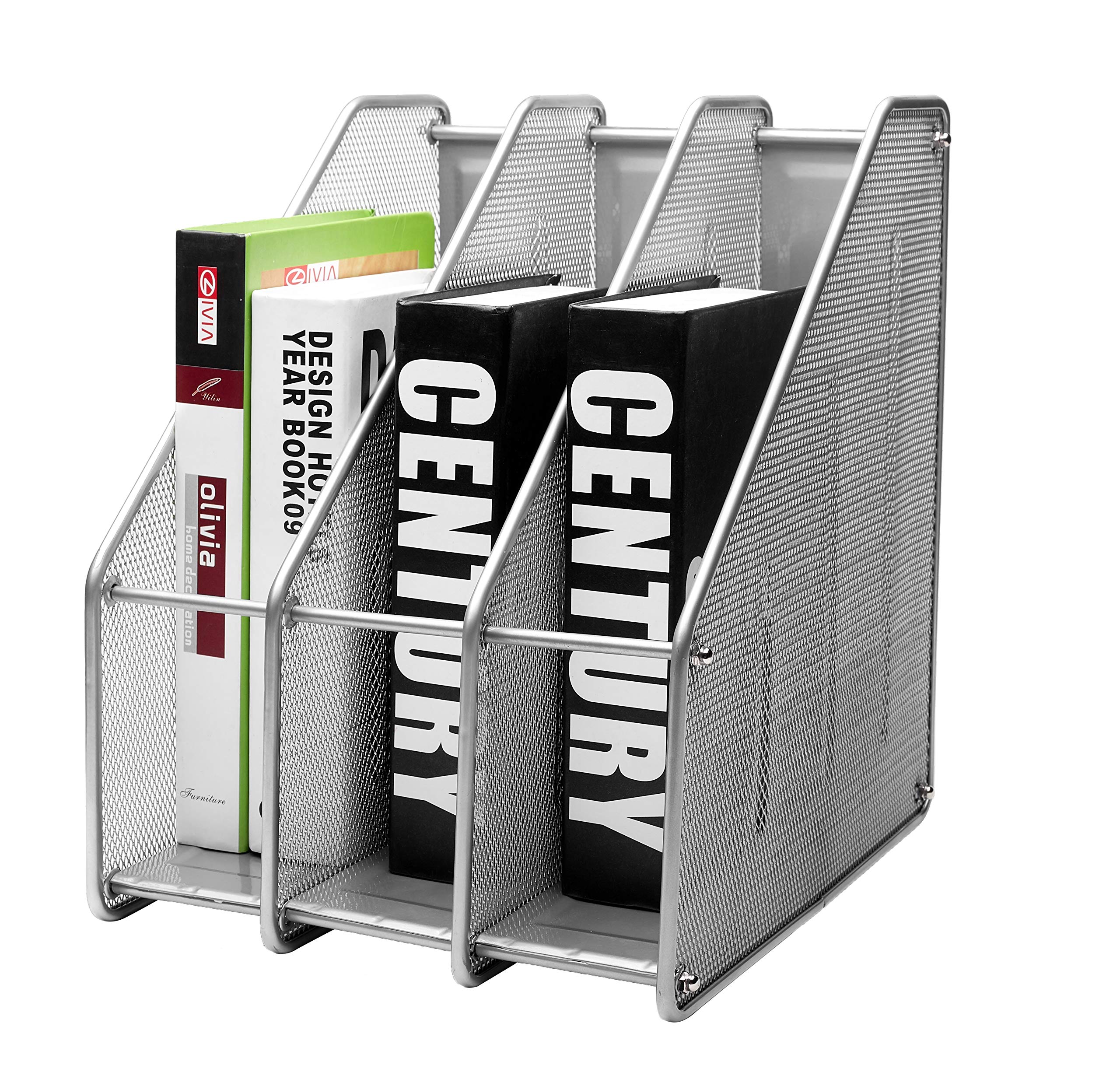 EXERZ Magazine Holder Triple Rack, Mesh Metal - 3 Compartments Vertical - Documents/ Notebooks/ Folder/ Organiser (Silver)
