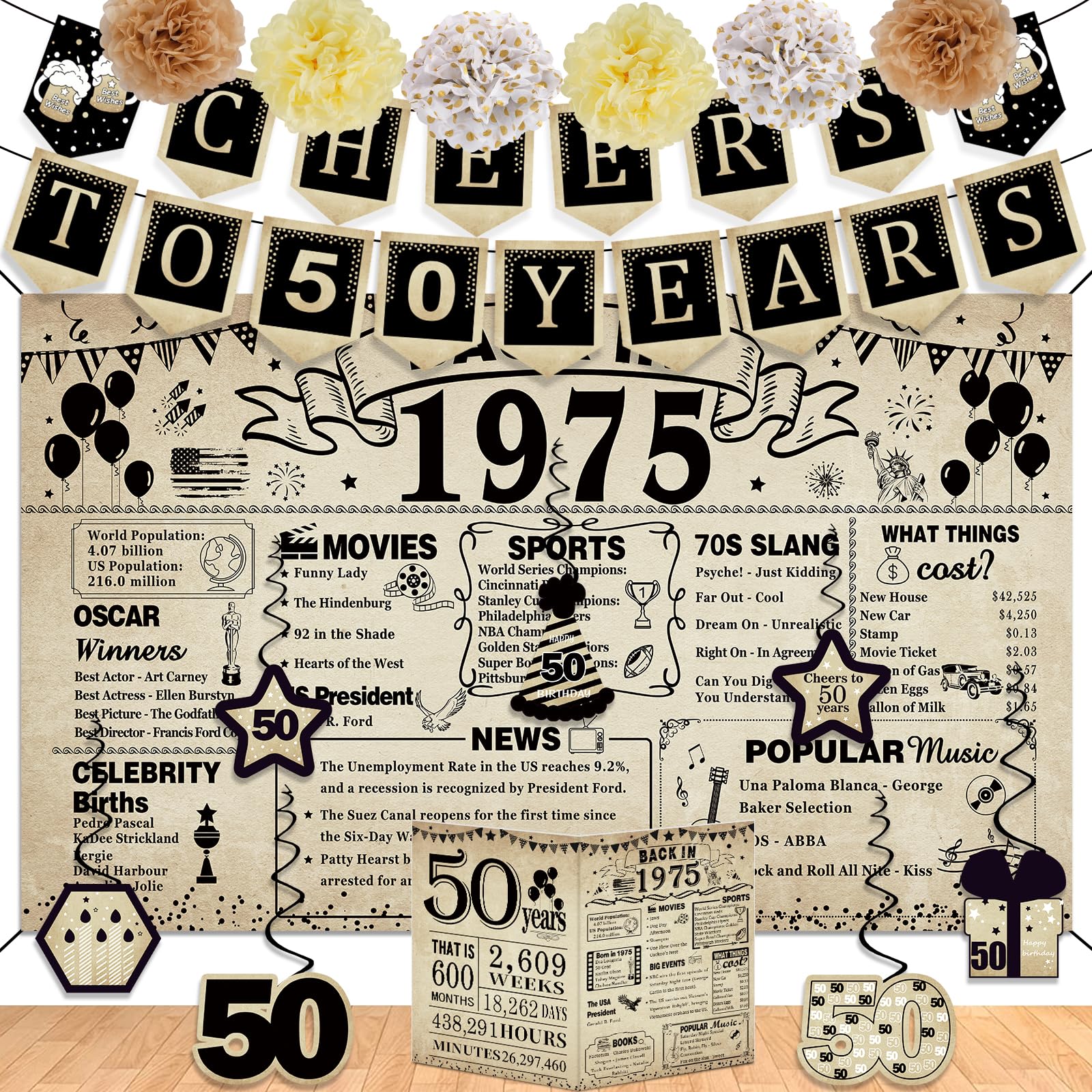 Photo 1 of 50th Birthday Decorations for Men Women,16PCS Back in 1975 Party Banner Decorations,Including Vintage 1975 Backdrop,Cheers to 50 Years Banner,7 Hanging Swirl,1975 Poster Anniversary Card,6 Paper Poms