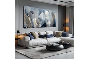 JuhaiArt White Feather Picture Poster Bedroom Blue Wall Decorations Gold Painting Wall Art for Living Room Home Office 29" x 59" Artwork