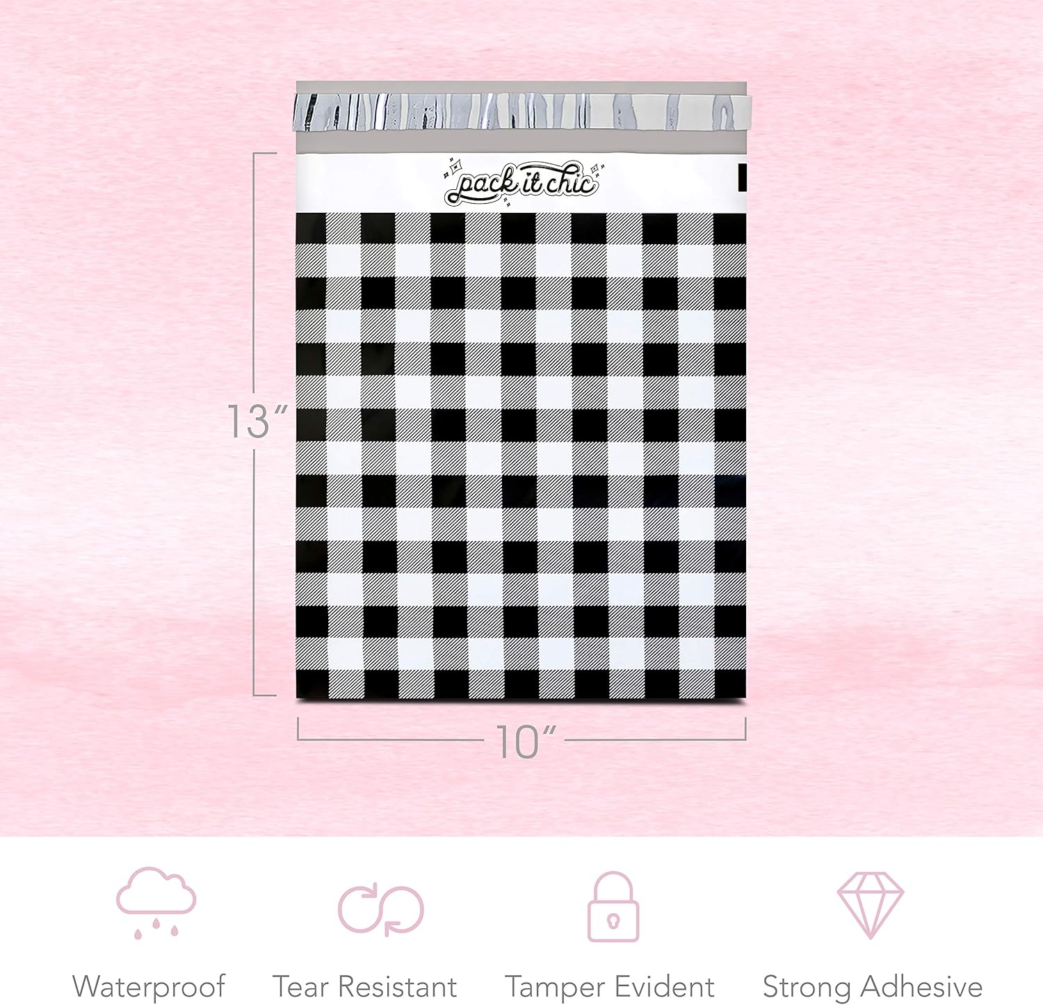 Pack It Chic - 10X13 (100 Pack) Gingham Plaid Poly Mailer Envelope Plastic Custom Mailing & Shipping Bags - Self Seal : Office Products