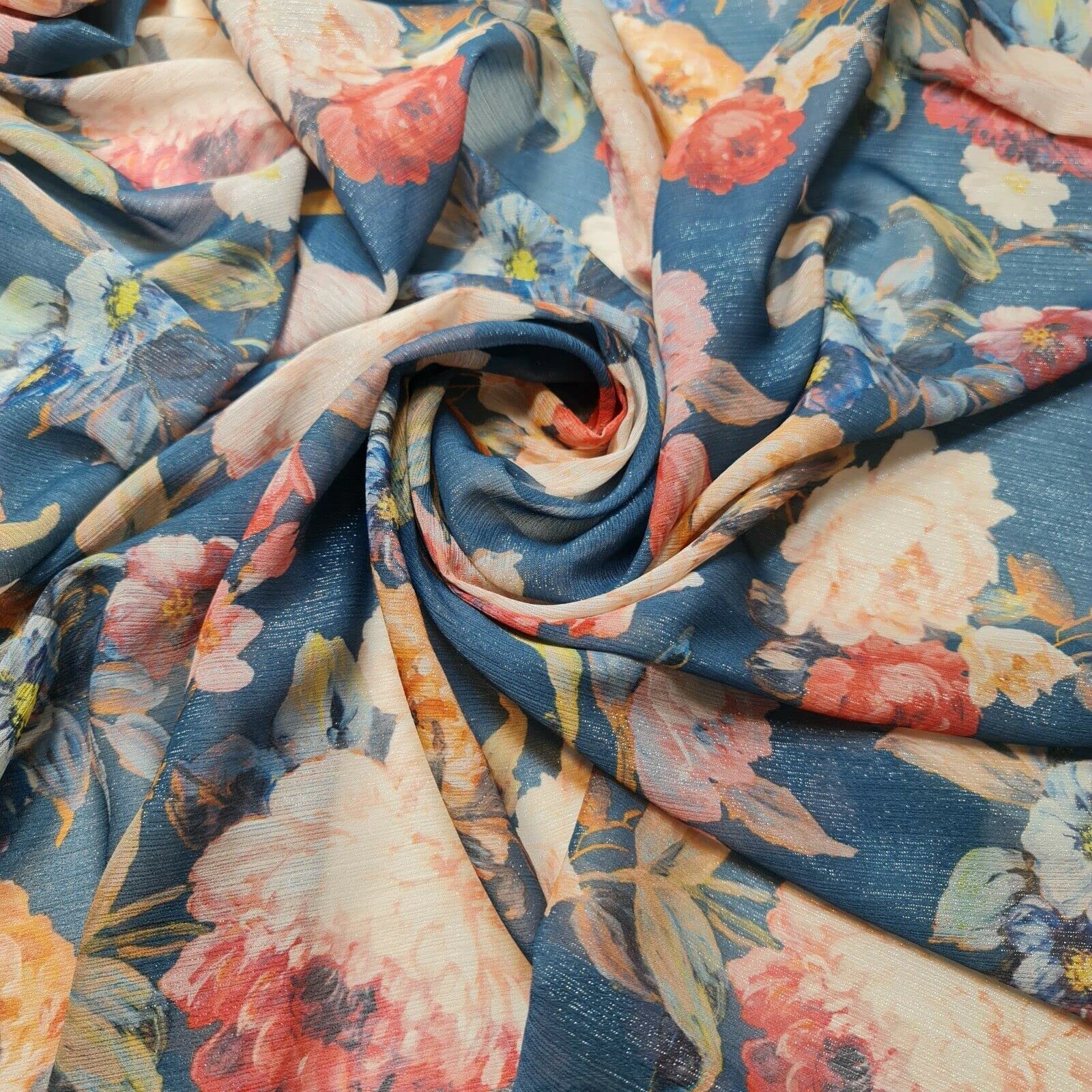 Lurex Floral Soft Crinkle Chiffon Crepe Material Dress Drape Craft Fabric 58" (Pre Cut 1 Meter) (Teal Floral)