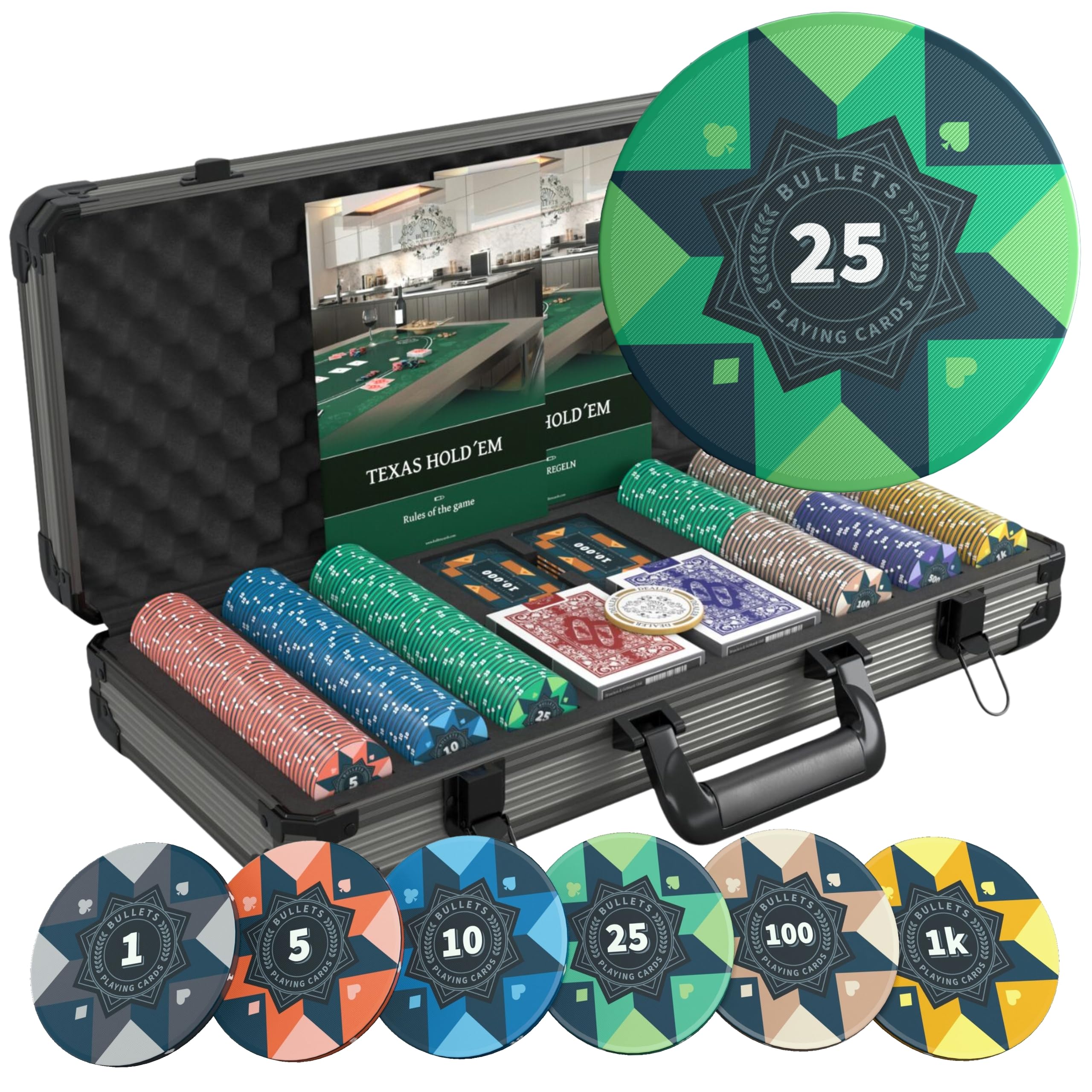 Bullets Playing Cards, 'Paulie' Poker Set with 300 Ceramic Poker Chips with printed values, including Double Pack of Bullets Poker Cards, Plaques