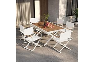 Grand patio 7-Piece Outdoor Dining Set, 6 Extra-Wide Folding Chairs & 1 Rectangle Expandable Table for 6-8 Person, Sling Mesh Patio Chairs with Wood Grain Table for Yard, Poolside, Deck, Apricot