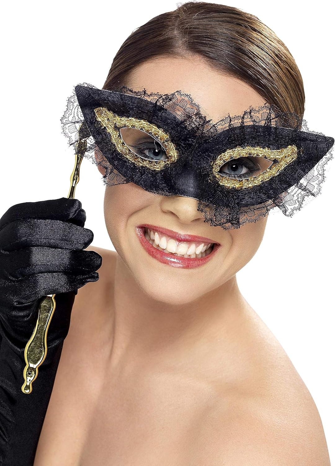 Smiffys Women's Lace Eye mask with Handle, Black and Gold, Fastidious