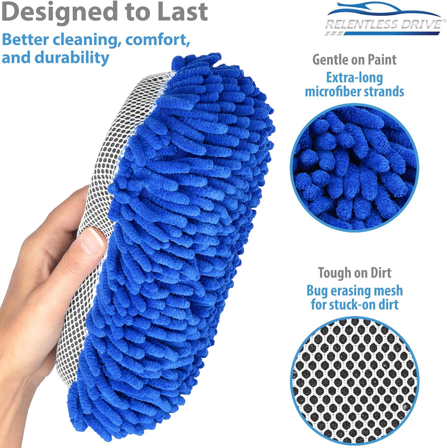 Relentless Drive Ultimate Microfiber Car Wash Sponge - Premium Chenille Microfiber - Lint Free - Scratch Free - Ultra Soft Automobile Cleaning Sponge - 1 Pack: Automotive