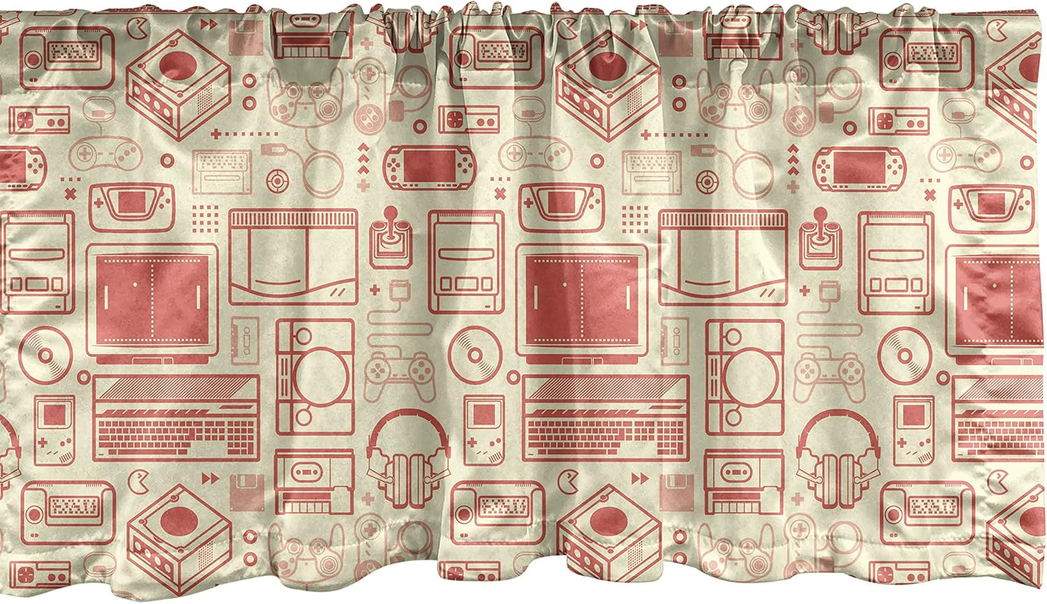 Ambesonne Retro Window Valance, Nostalgic Bicolour Continuous Pattern Retro Gaming Objects Print, Curtain Valance for Kitchen Bedroom Decor with Rod Pocket, 54
