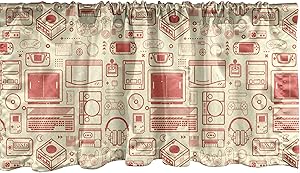 Ambesonne Retro Window Valance, Nostalgic Bicolour Continuous Pattern Retro Gaming Objects Print, Curtain Valance for Kitchen Bedroom Decor with Rod Pocket, 54