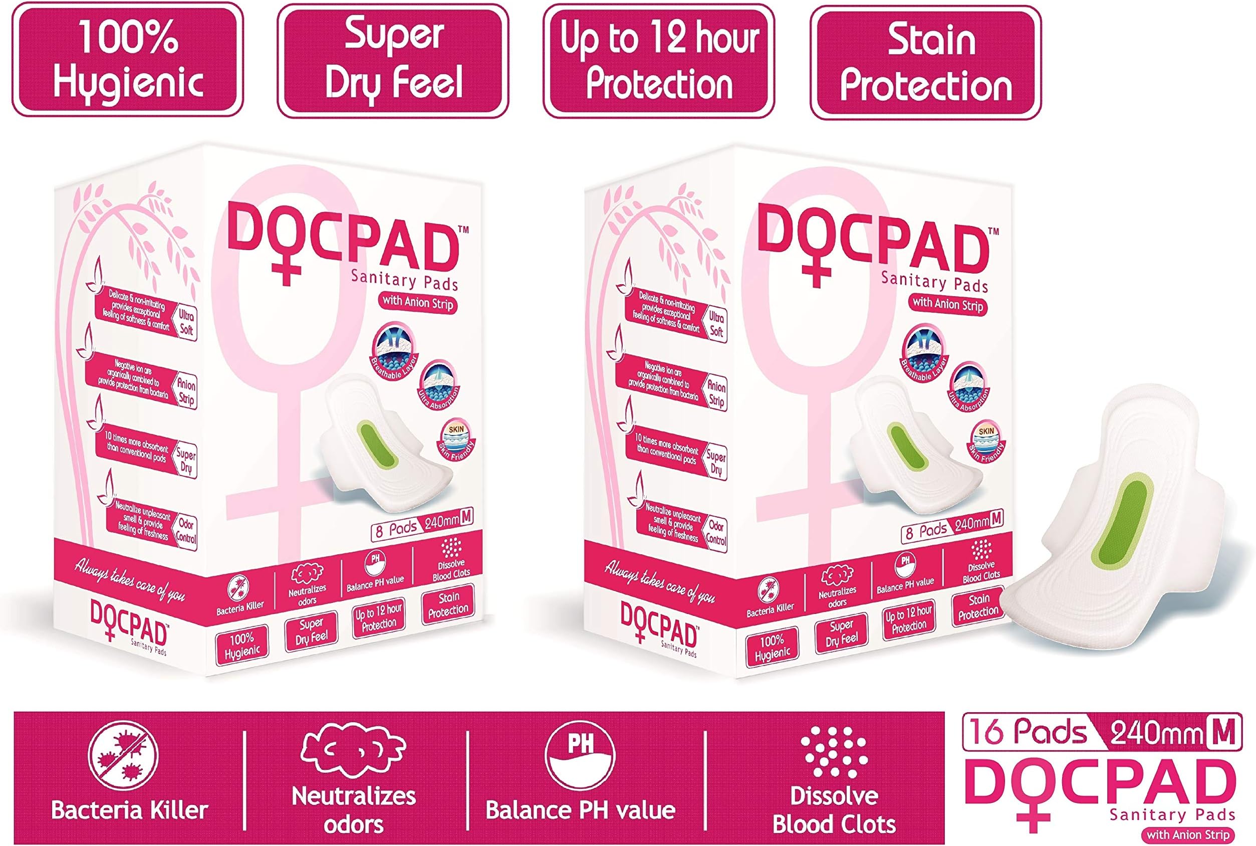 Docpad Ultra Soft Super Dry With Anion Strip M Sanitary Pad (Pack of 16)