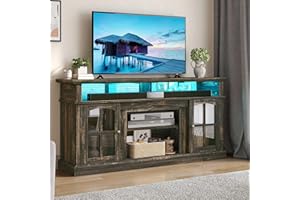 YITAHOME LED Farmhouse TV Stand for TV up to 75" w/Outlets, Highboy Media Entertainment Center Console Table Adjustable Storage Shelves &Cabinet Glass Door for 400lbs for Living Room, Dark Rustic Oak