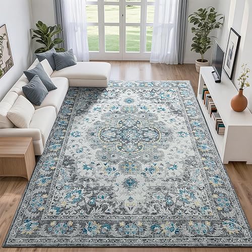 Opreine 6x9 Area Rug for Living Room, Machine Washable Rugs with Non-Slip Backing for Bedroom, Vintage Throw Rugs Low Pile Carpet for Dining Room Kitchen Office Home Decor, Grey